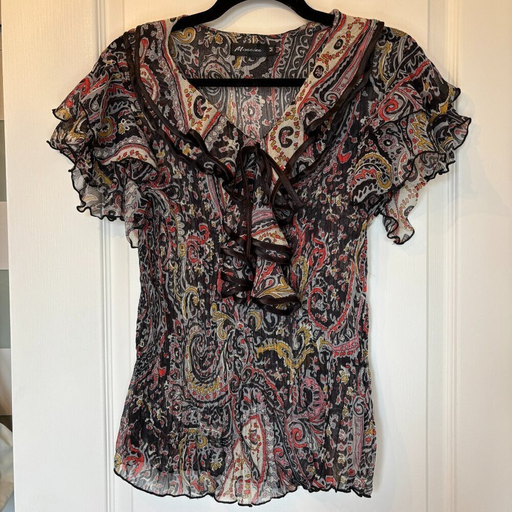 Sheer Paisley Ruffle Blouse Boho Tie-Front Top Size Medium